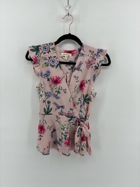 Monteau Pink Floral Wrap Sleeveless Wrap Top Hummingbird Whimsical